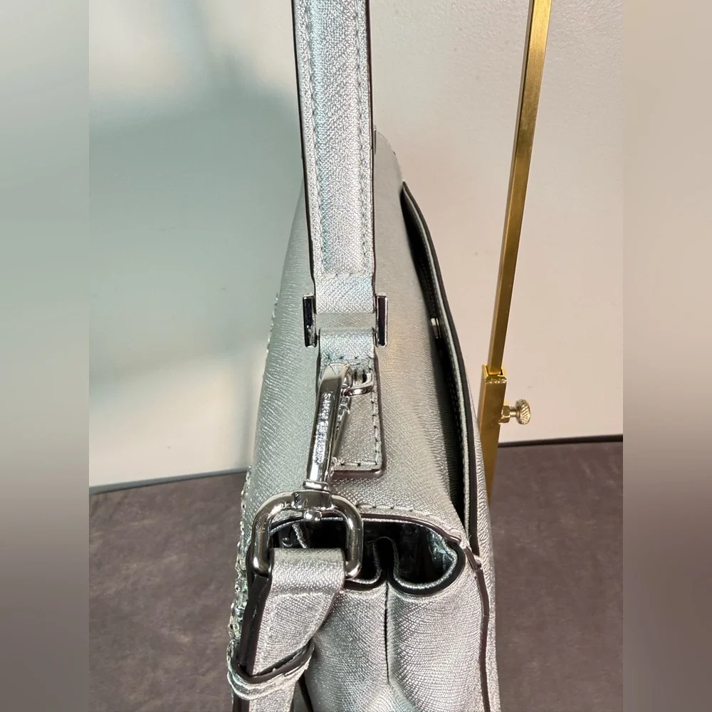 Michael Kors satchel crossbody Saffiano leather metallic silver crystal floral - Picture 6 of 16